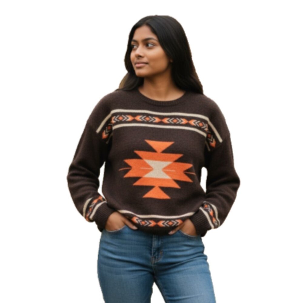 Aztec Sweater Women’s Size XS Black Orange Gold Glitter Warm Pullover